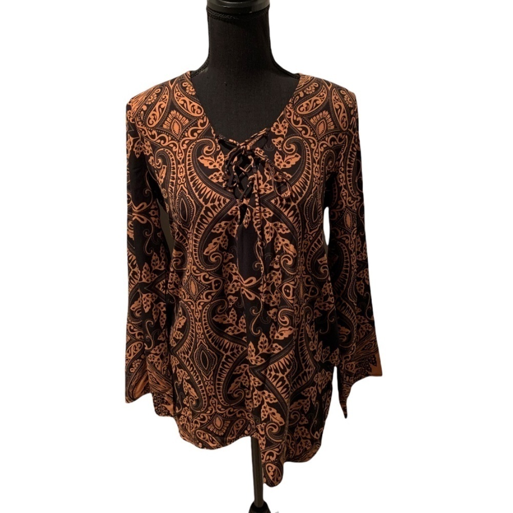 Meghan Los Angeles Print Lace Up Blouse Boho
